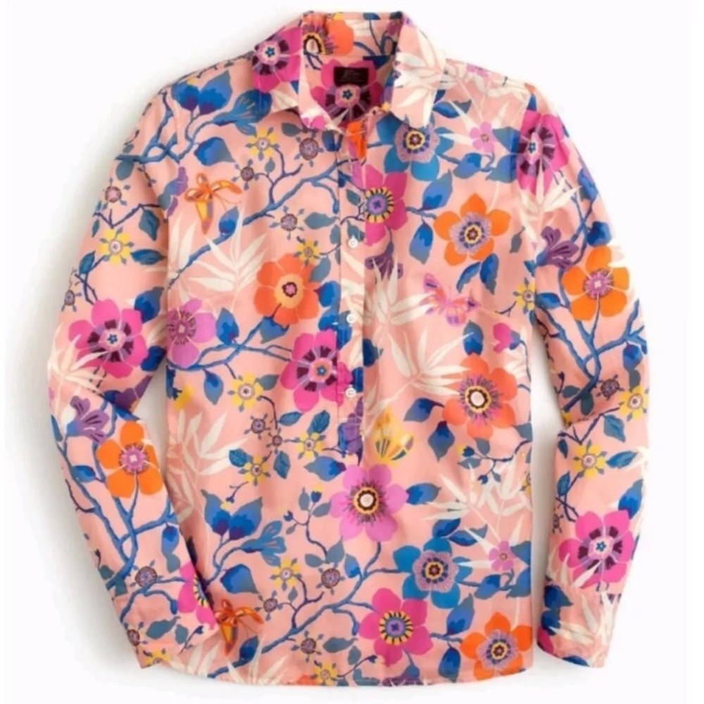 J Crew Liberty Pavilion Floral Print Popover Top Shirt Long Sleeve Henley Pink 2